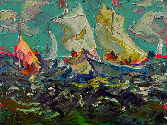 Original Oil Painting Gloomy Waves Landscape Sailboats On The Sea – Paintings & Drawings, Canvas (photo 3 of 8)