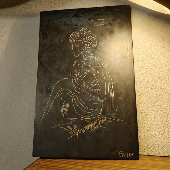 Image 1 of Vintage 1966 Madonna & Child Wall Panel – Signed T. Baert – Mid Century Religious Art