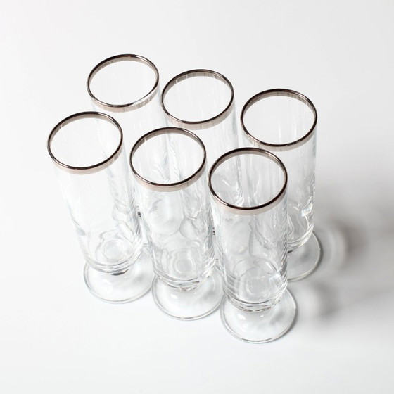 Image 1 of Set van 6 vintage Italiaanse heldere wijnglazen met zilveren rand, mid-century stijl / jaren 1950