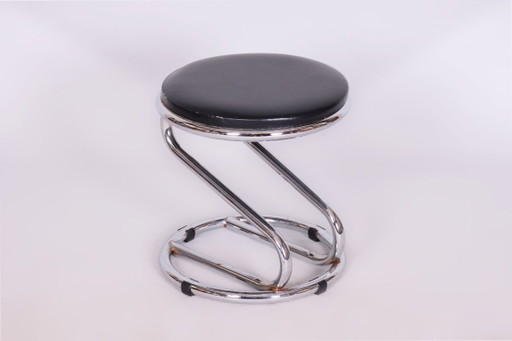 Restored Bauhaus Stool, Chrome-Plated Steel, Leatherette, Geman, 1950s – krukjes, Metal