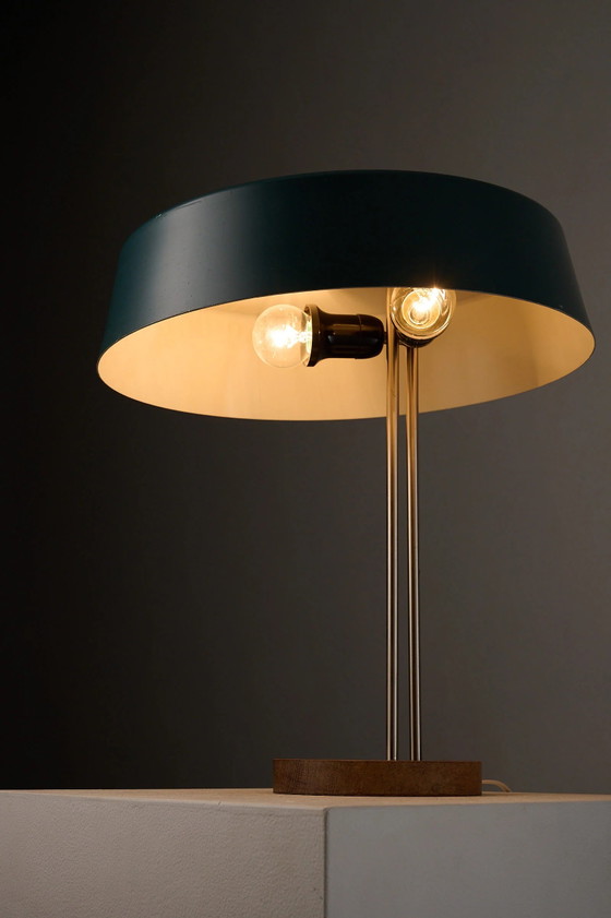Mid-Century Modern Petrol Green Metal and Wood Table Lamp, Germany, Aluminium, Mid Century Modern (photo 2 of 10)