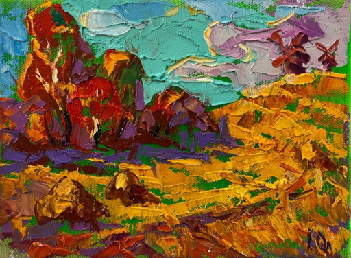 Peinture à l'huile originale, paysage d'automne sur une route, nature automnale