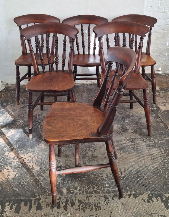 Antikes Set aus 6 patinierten Eichen-Esszimmerstühlen im Landhausstil, 19. Jahrhundert – Wood (photo 7 of 8)