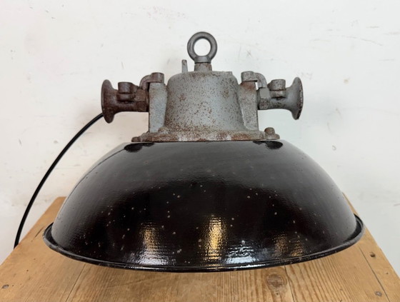 Image 1 of Black Enamel and Cast Iron Industrial Cage Pendant Light, 1960s
