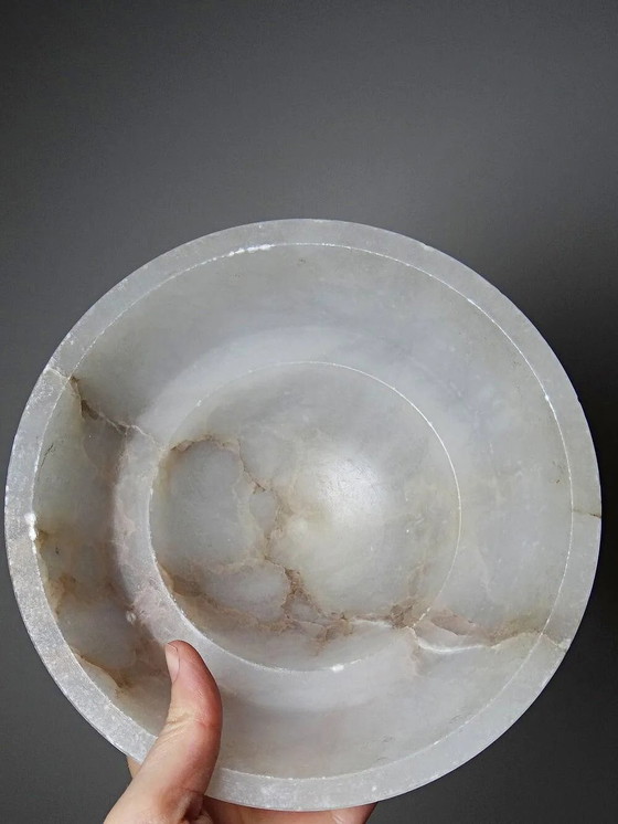 Vintage Italian Alabaster Bowl on Stand, White and Beige, 1960s., Stone (photo 10 of 11)