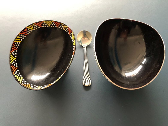 Image 1 of 2 ostrich egg dishes with 1 matching spoon