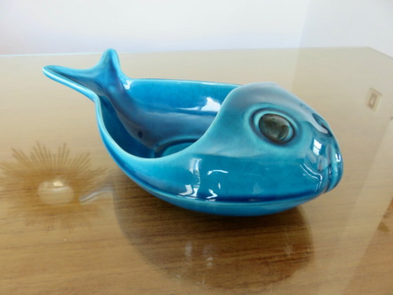 Image 1 of Blauwe crackle-ware "vis" zak netjes, Charolles, Frankrijk, 1960