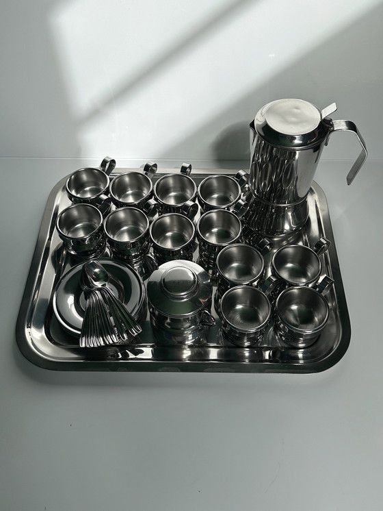Image 1 of Set da caffè espresso in acciaio inox, tazza, vassoio, caffettiera, metallo, Italia, caffè, 12 persone