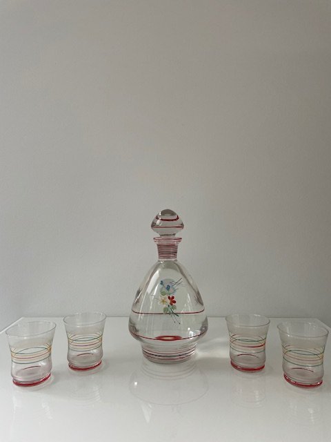 Vintage Painted Carafe With 4 Liqueur Glasses, Czechoslovakia 1930s