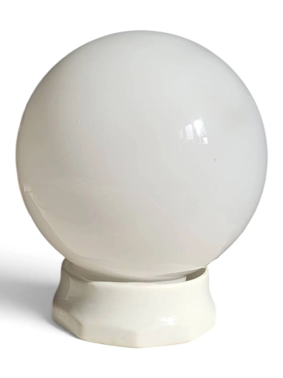 Opaline ball ceiling light, Art Deco/industrial — 1930s-1950s – Porcelain, Brass (photo 5 of 5)