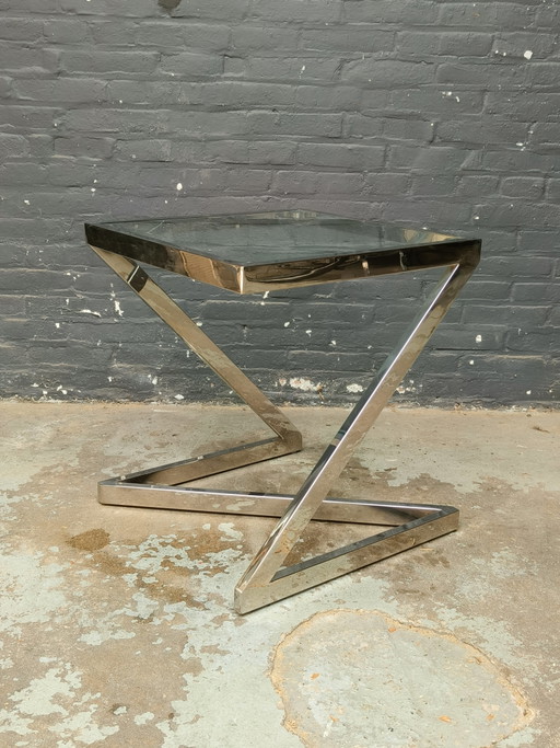 Tavolo quadrato danese dal design postmoderno in cromo e vetro, nello stile di Gerba – bijzettafels, Glass, Metal