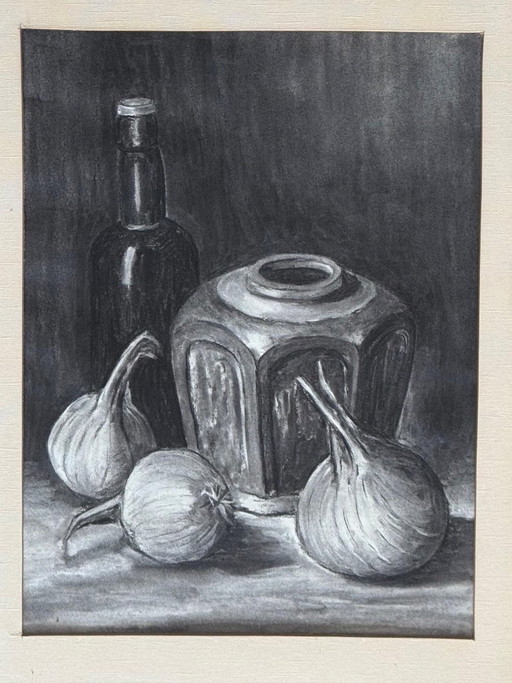 1x Large Vintage Framed Drawing Chinese Ginger Jar With Onions - Art Deco – schilderijen tekeningen, Paper (photo 2 of 5)