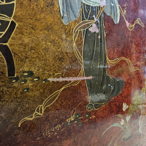 Image 1 of Mobile cinese d'epoca rosso e oro / scena tradizionale / signore in giardino cinese (mobile bohémien, mobile orientale)