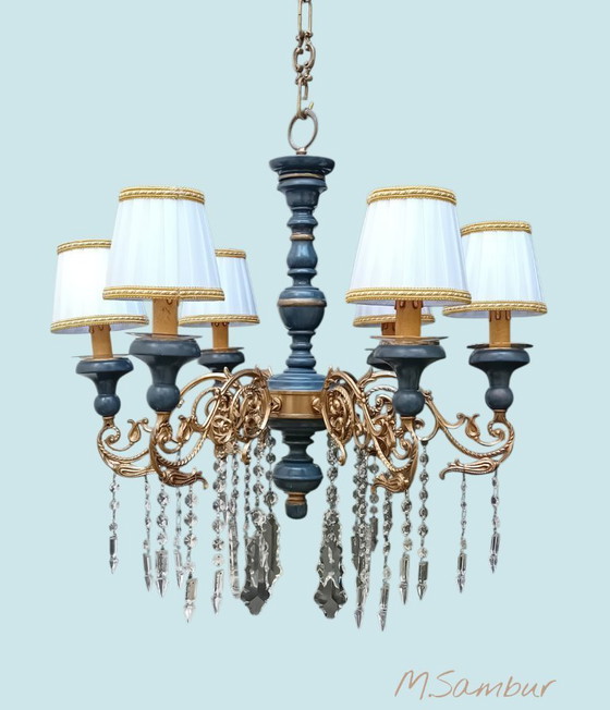 Image 1 of Lustre vintage en graphite, cristal et or. Italien.