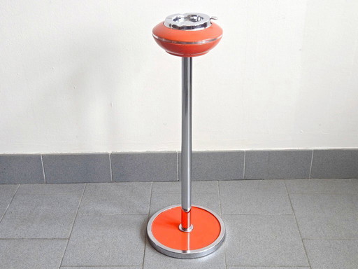 Cendrier Sur Pied Vintage 1970 En Metal Laque Orange & Chrome 70s Space Age