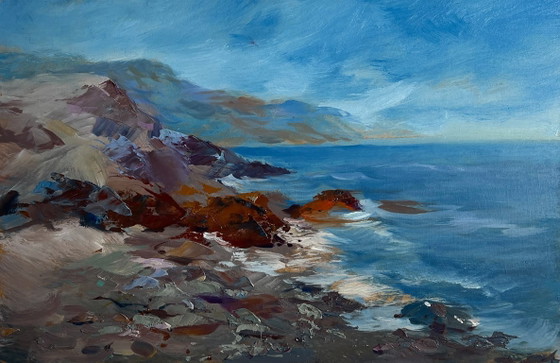 Image 1 of Original Oil Painting Sea Waves Landscape Sea waves are beating against the shore