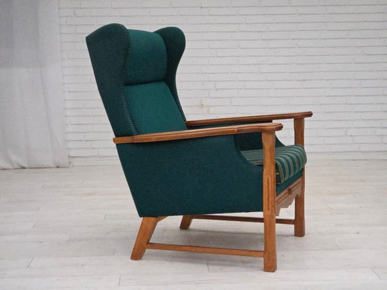 Image 1 of 1970s, Danish high back armchair, furniture wool, solid oak wood.