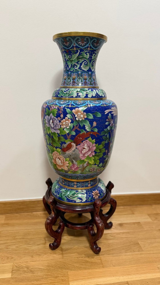 Image 1 of Monumental Chinese Cloisonné Vase - 84 cm With Base - Jingtai Blue Enamel - Impeccable