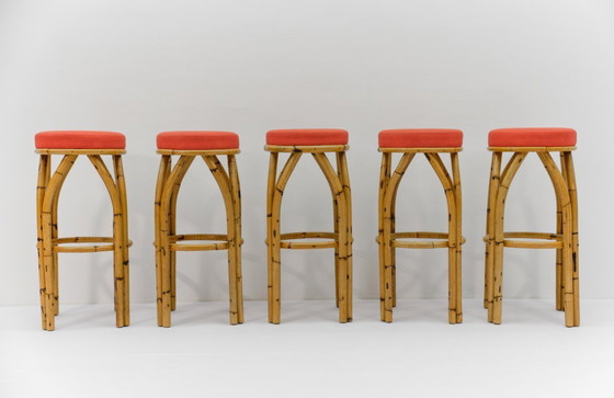Image 1 of Bamboe bar met 5 bamboe barkrukken, jaren 1950, Italië