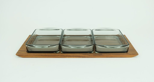SET DA SERVIRE moderno danese vassoio in teak con ciotole in vetro anni '60