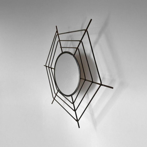1x 1960s Italian Mid-Century Modern Wall Mirror with Black “Spider Web” Frame