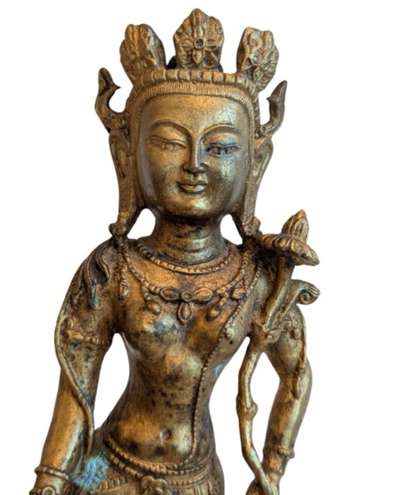 Antike tibetische Bronzefigur des stehenden Avalokiteshvara – 102 – Bildhauerei, Gold (photo 9 of 11)