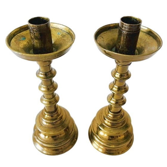Image 1 of Set of antique brass baluster candlesticks 1900's