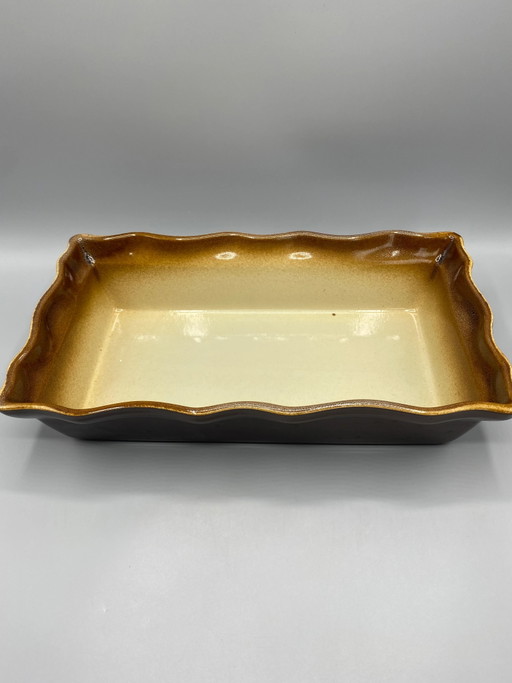 Fuente grande de cerámica esmaltada color miel y crema para horno. – servies, Vintage