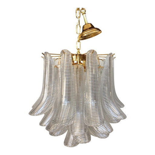 Lámpara de araña contemporánea "Sella" de cristal de Murano con marco de metal dorado de 24 quilates