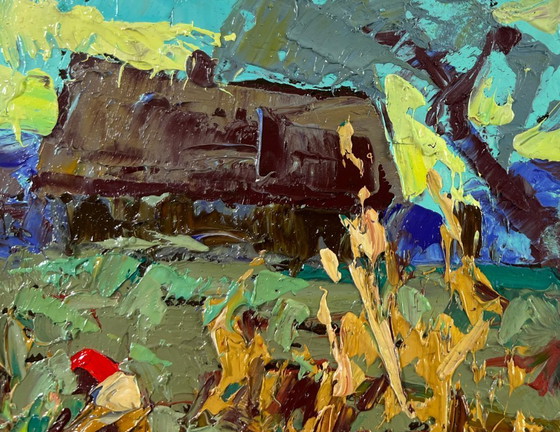 Image 1 of Original Oil Painting Evening Village Landscape The land that gives generosity