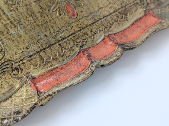 Image 1 of Vintage Florentine Gilt Wood Tray | Hand-Painted Orange & Gold | Midcentury Italian Baroque Decor