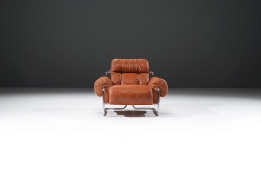Fauteuil lounge Tucroma en cuir cognac, signé Guido Faleschini pour i4 Mariani