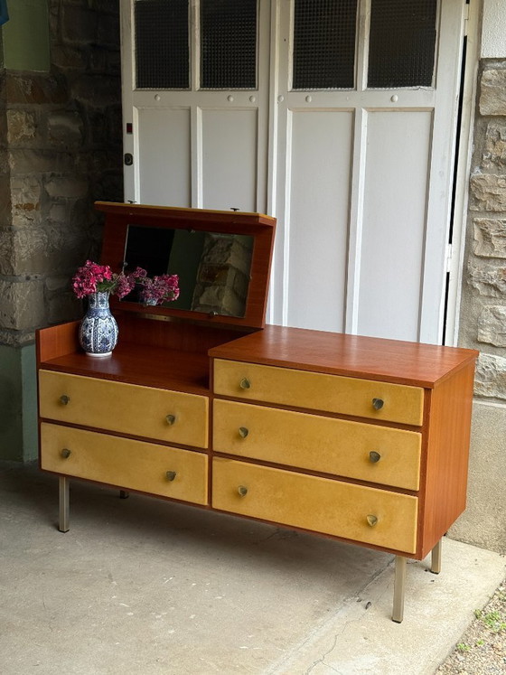 Image 1 of Enfilade commode coiffeuse Roger Landault années 50/60 suédine jaune