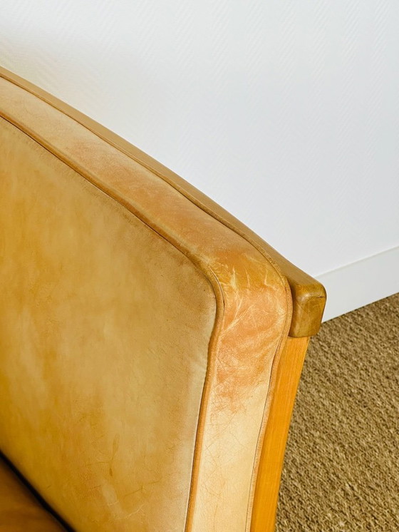 Image 1 of Vintage Scandinavian 2-seater sofa in beige leather and wood by Stouby, 1960s