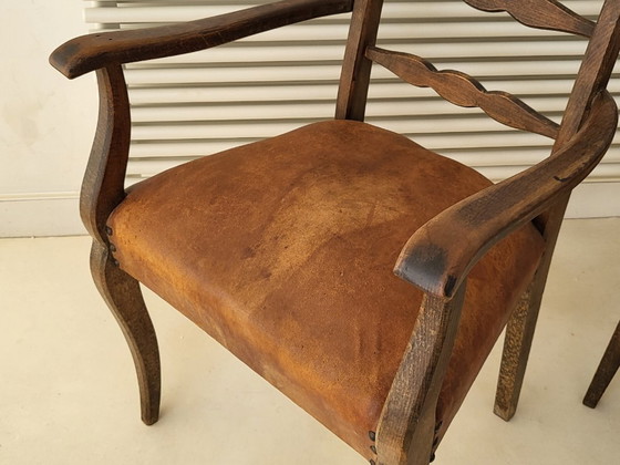 Image 1 of SUPERB PAIR OF VINTAGE ARMCHAIRS FROM THE 1940s AND 1950s IN LEATHER & OAK