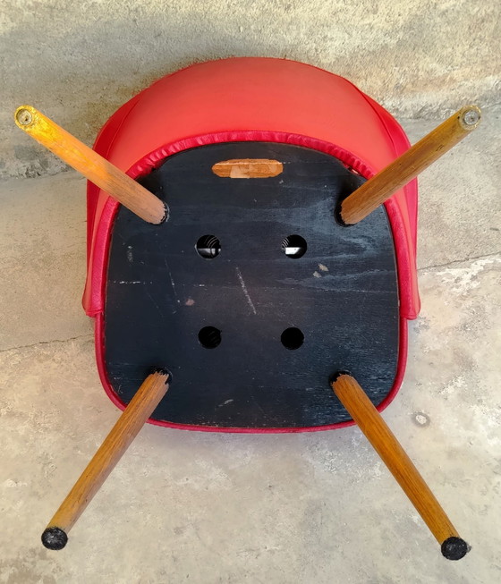 Red moleskin and wood cocktail armchair - 1960s, Side chairs (photo 8 of 8)