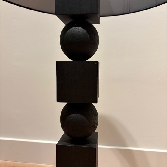 Lampadaire noir avec base géométrique, Bois, Textile, Modern (photo 3 sur 5)