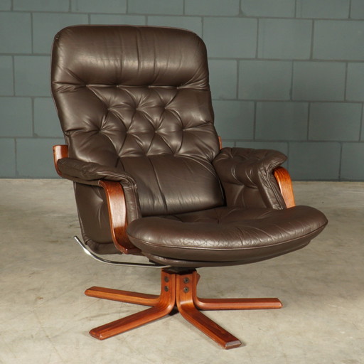 Fauteuil pivotant vintage en cuir - marron - années 1970