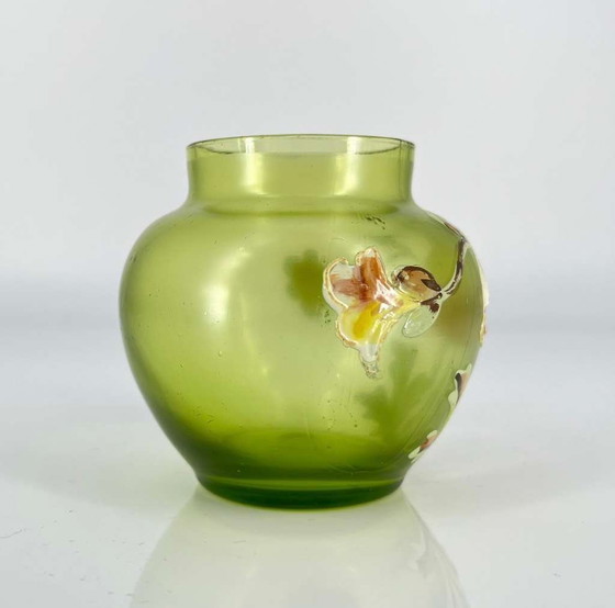 Image 1 of Rare Art Nouveau glass vase with fine enamel painting