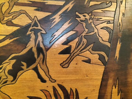 Image 1 of Tableau mural vintage en bois style milieu du siècle par Michelli – Grand panneau représentant une scène de chasse