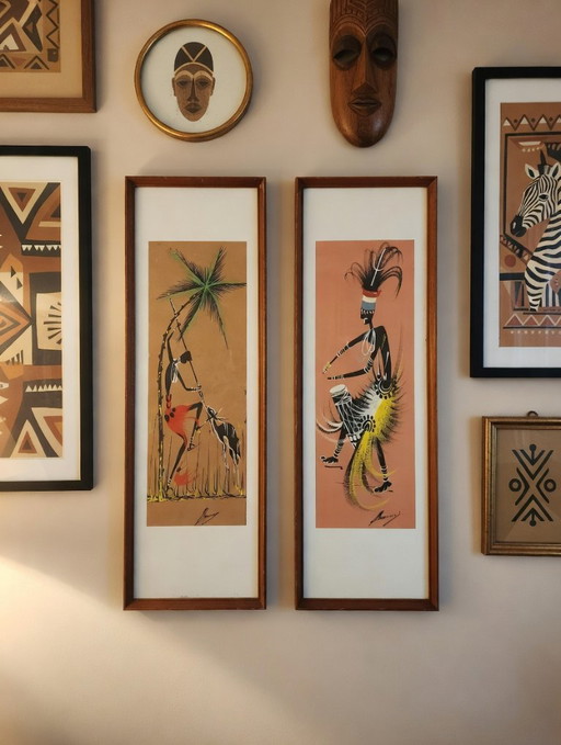 set of 2 gouache pieces Congo 1950 African art Hunting and Dance
