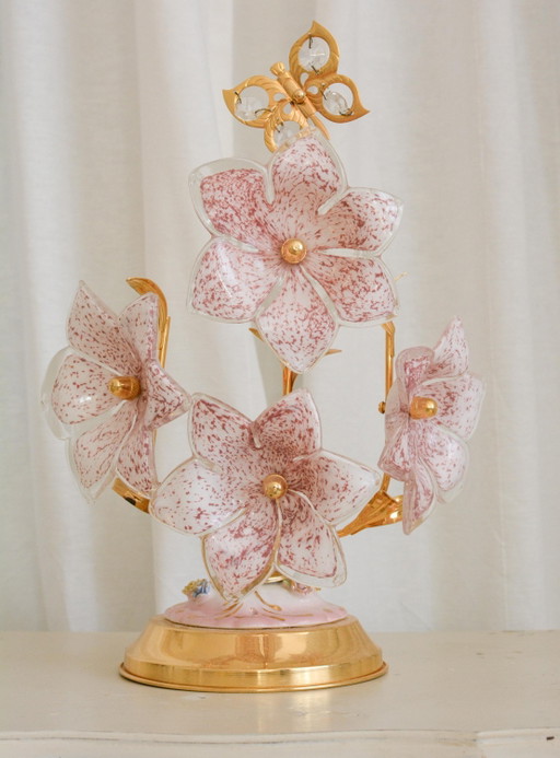 Ein Paar Vintage rosa Murano Glas Blumen Tischlampen, Italien, 1970er Jahre