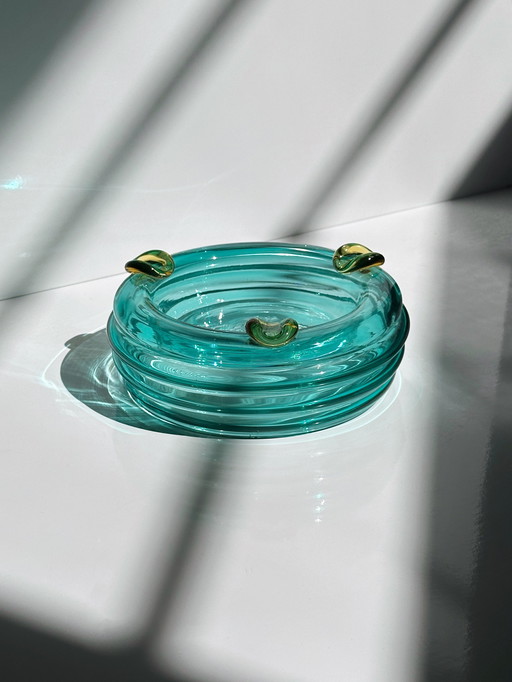 Cendrier en verre italien / Vide Poche Turquoise Vert Postmoderne années 80 style Murano Italie 1980 Vintage