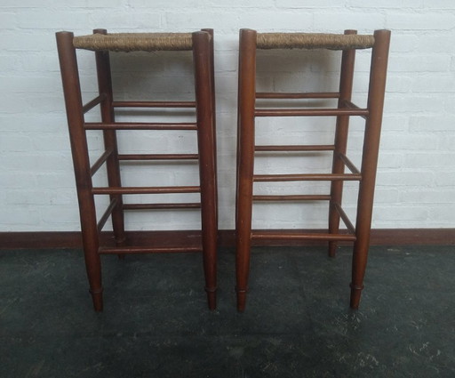 2x wooden bar stools with rush seat