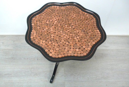 SIDE TABLE round unique piece in black + copper, with coin surface, solid wood Art Nouveau 1930s