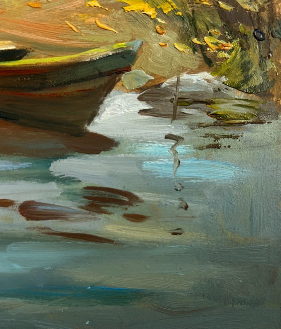Image 1 of Origineel olieverfschilderij: Zomers kustlandschap, zomerse rust aan de rivier