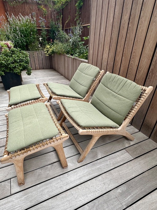 2 Cosito lounge chairs in teak and natural round wicker with ottoman – loungesets, Wood