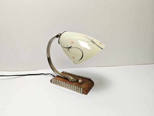 Vintage Mid Century Atomic Table Lamp / 1950s Desk Lamp with Painted Glass Shade / Retro Bedside Light, Wood & Metal Base, Atomi