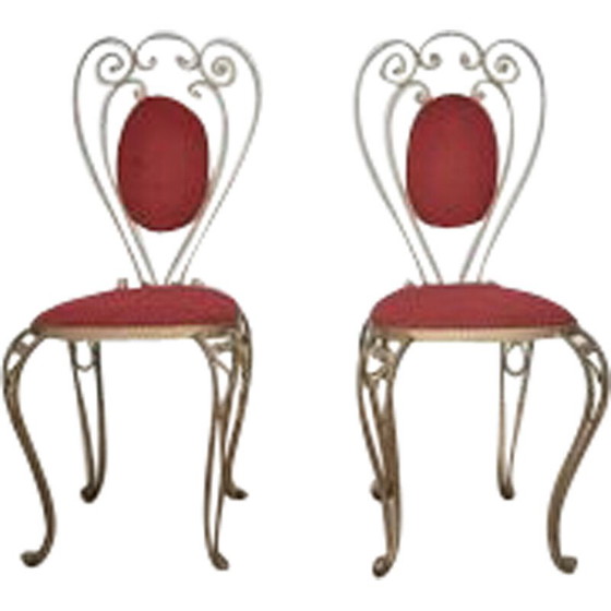 Image 1 of Pair of vintage patinated brass, wrought iron and velvet side chairs, 1970s