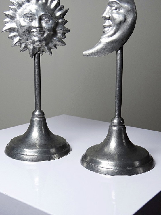 Image 1 of Pair of vintage mid-century silver-plated pewter Sun & Moon handcrafted candlesticks